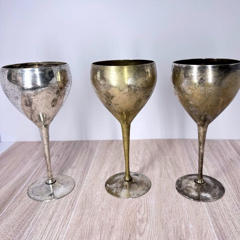 Vintage Leonard EPNS Silverplate Wine Goblets Set of‎ 3 Heavy Tarnish Patina